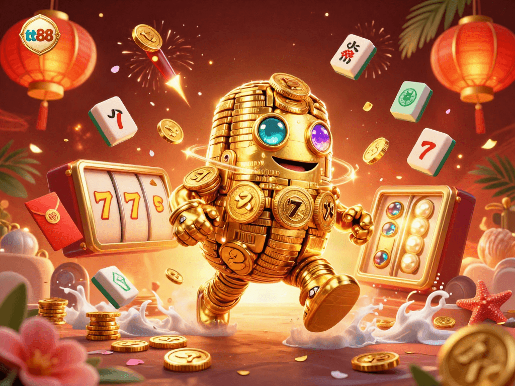 Engage with the exciting world of tt88 in this vibrant casino-themed 3D illustration featuring gold coin golems and slot elements.