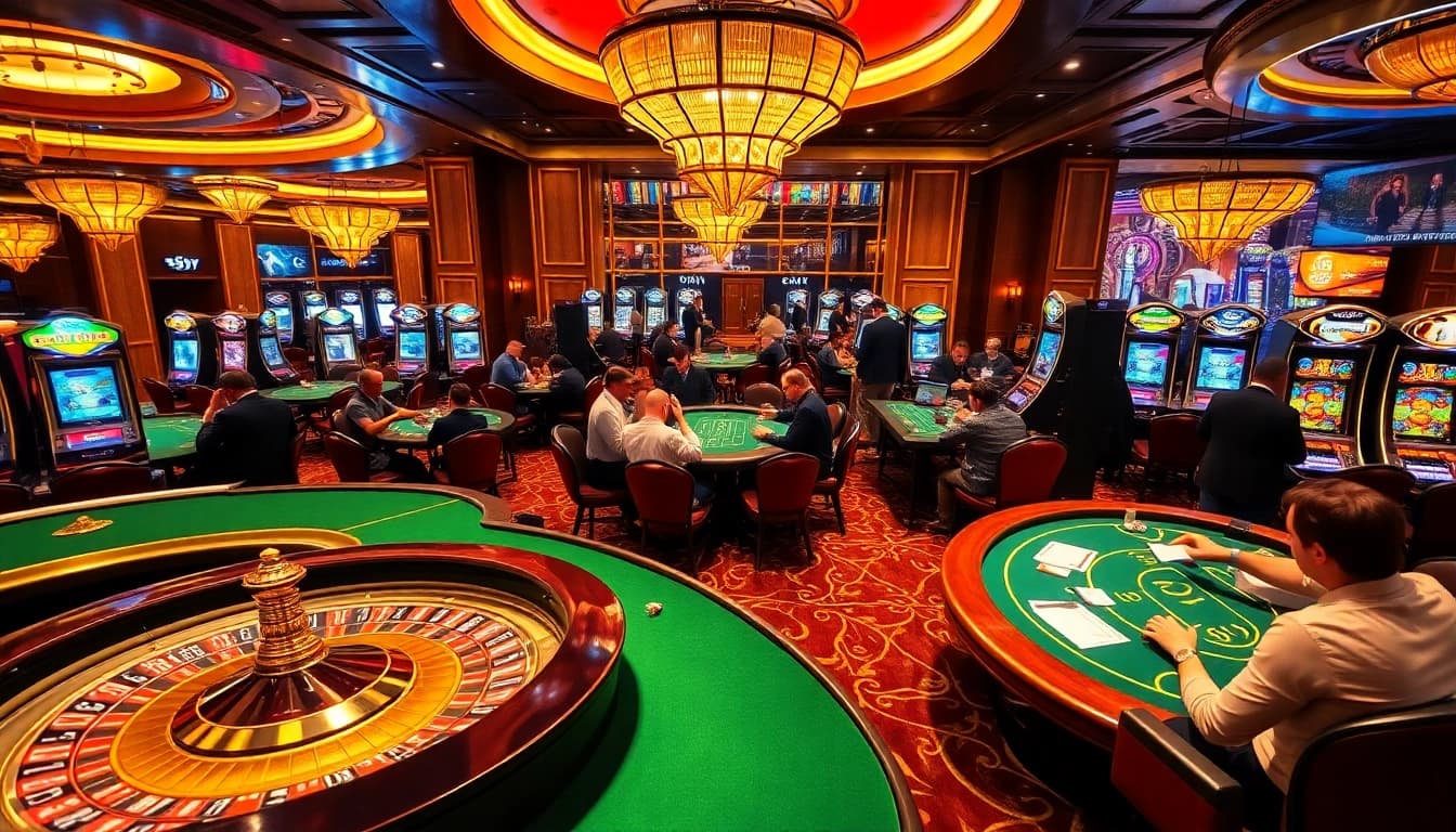 Jogadores aproveitando poker de altas apostas e roleta em um cassino luxuoso com 69Y.