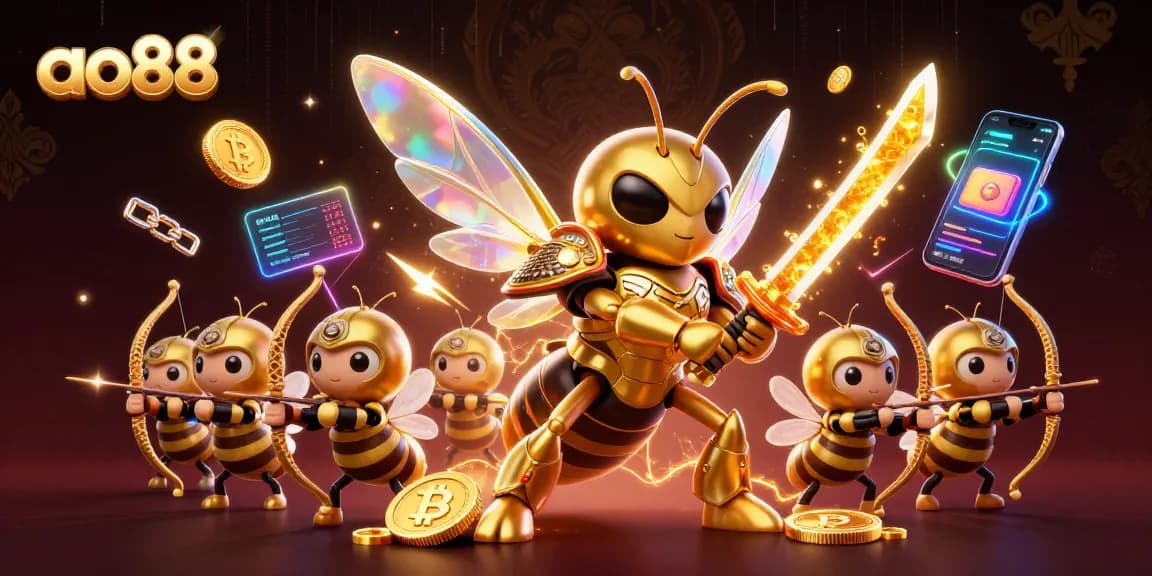 Experience the thrilling world of ao88 with a vibrant scene featuring golden hornets and cryptocurrency elements.