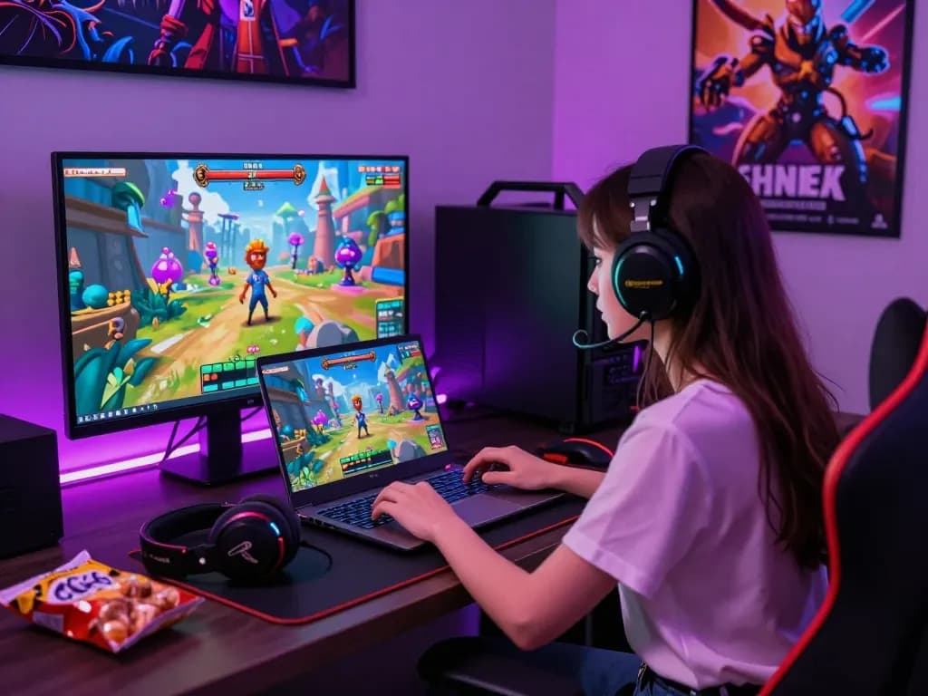 Engaging scene of free porn games being played on a laptop with vibrant 3D visuals.