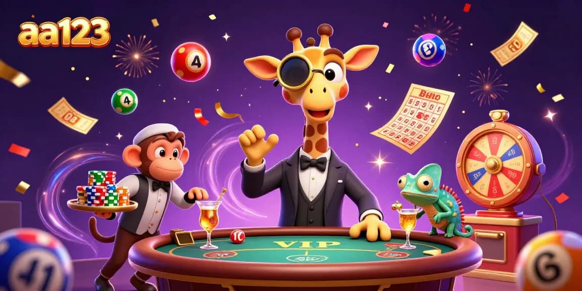 Experimente jogos emocionantes no aa123 com elementos vibrantes de cassino e personagens animados.