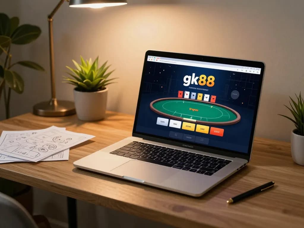 Experience gk88 poker gaming strategy in a cozy online setup with drinks and notes.