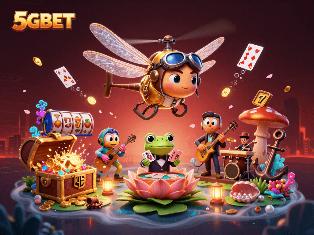 Experience the thrill of 5GBET with a cartoon dragonfly pilot and frog croupier in a vibrant casino scene.
