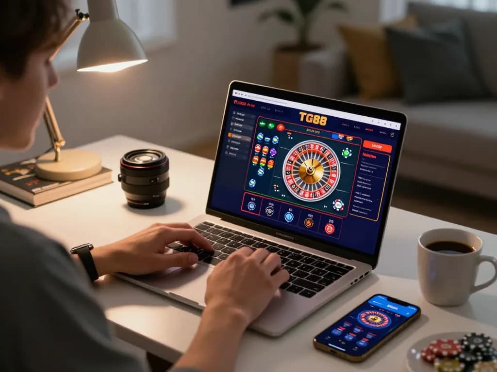 Engaged player using TG88 online casino on laptop, showing roulette excitement in a cozy setting.