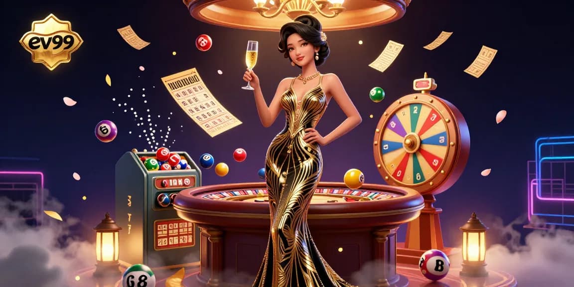 Experience excitement at ev99 with vibrant casino elements in this dynamic scene.