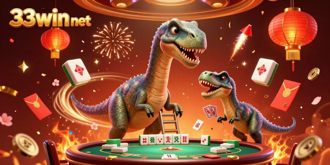 Engage with exciting 33win net casino action through a vibrant 3D illustration featuring a brontosaurus and a raptor.