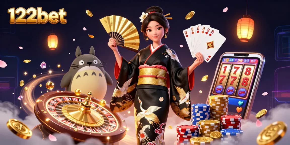 Ganhe muito na 122bet com jogos de cassino cativantes apresentando uma mulher asiática elegante e um tanuki.
