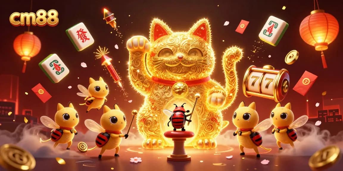 Experience the vibrant world of cm88 as the lucky cat and fireflies illuminate the games of chance.