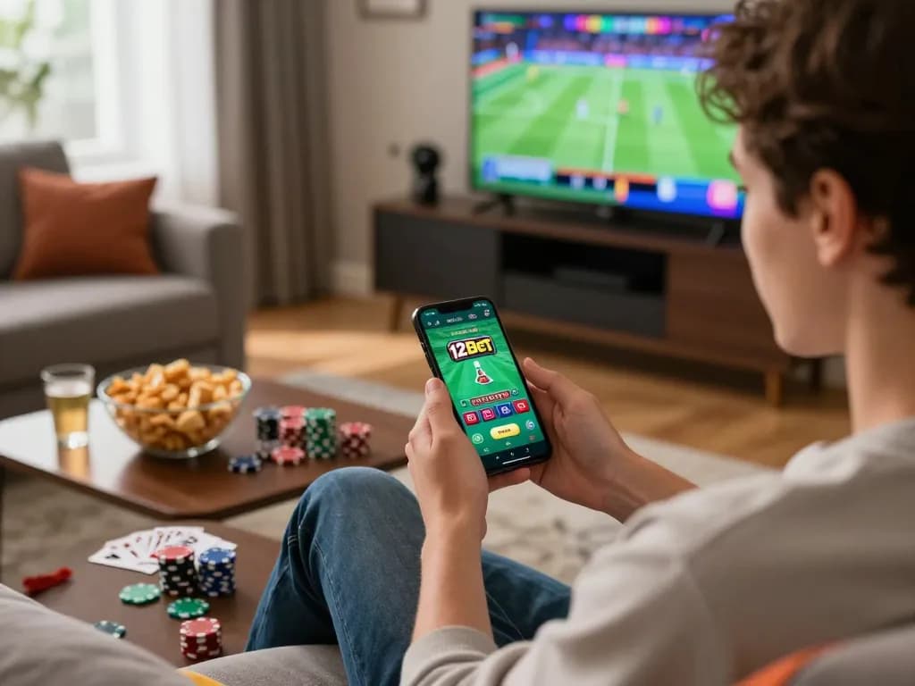 Experience thrill with the 12Bet app in a cozy home gaming setting, surrounded by snacks and sports.