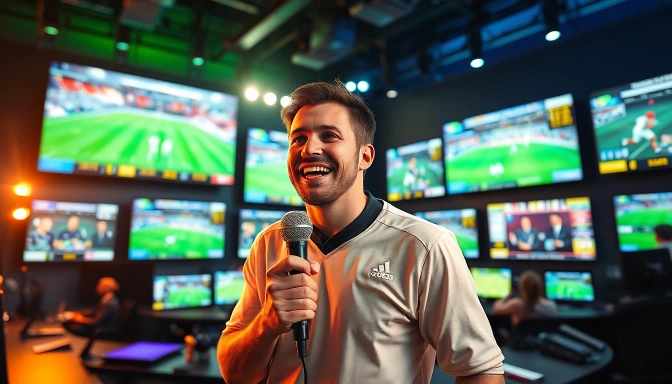 Engaging scene of Sports Broadcasting with a commentator in a dynamic studio environment.