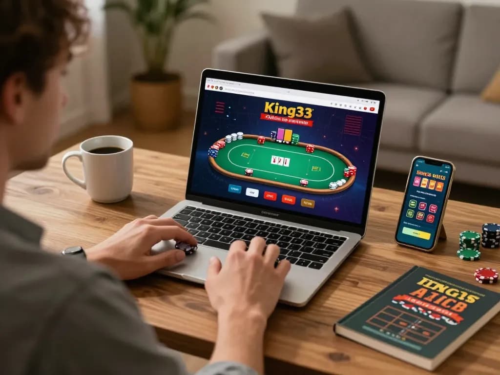 Player enjoying online King33 poker game on laptop, strategic atmosphere with coffee and betting notes.