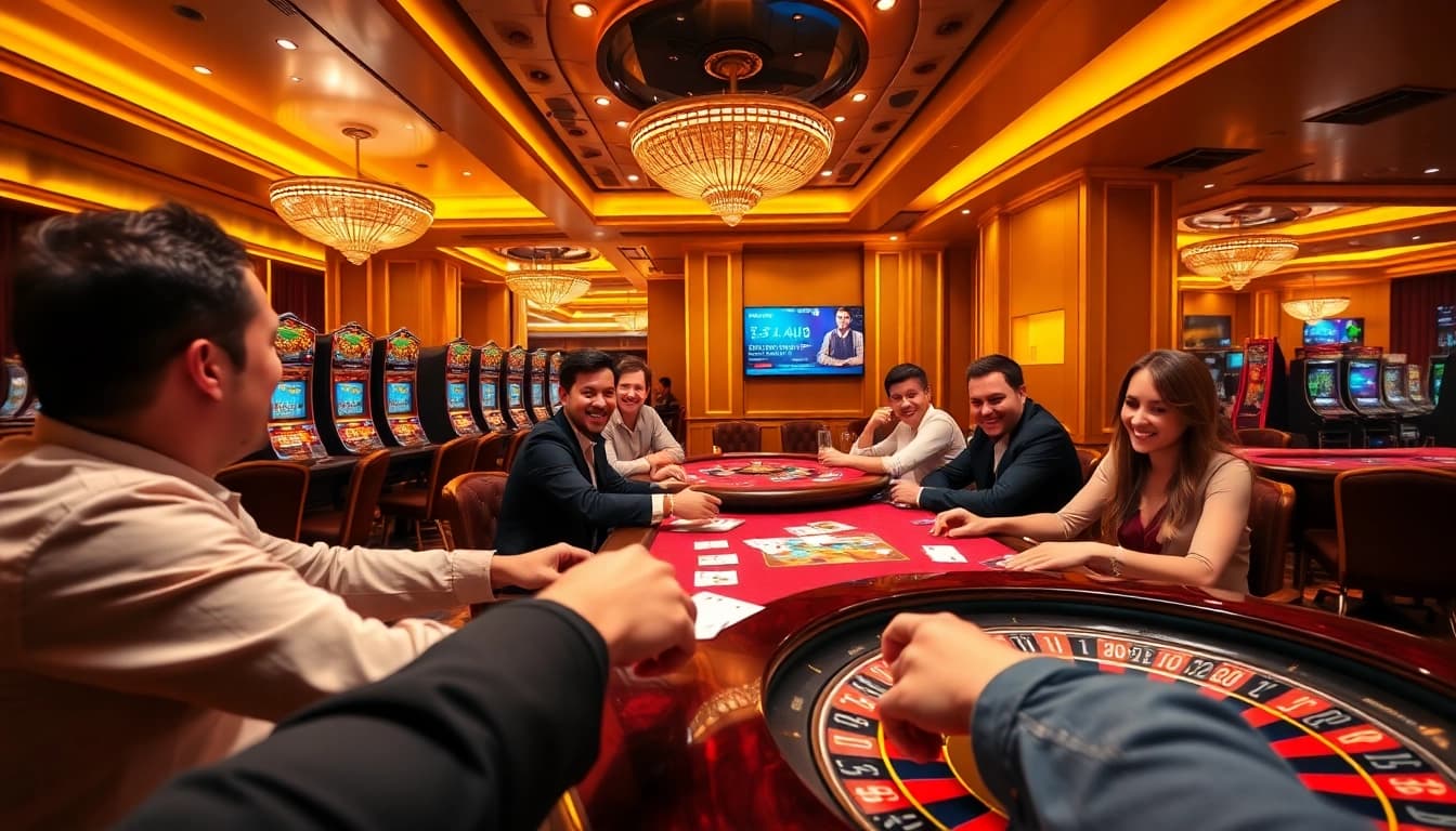 Enthusiastic players engaging at I9 BET's luxurious casino tables, highlighting thrilling betting excitement.