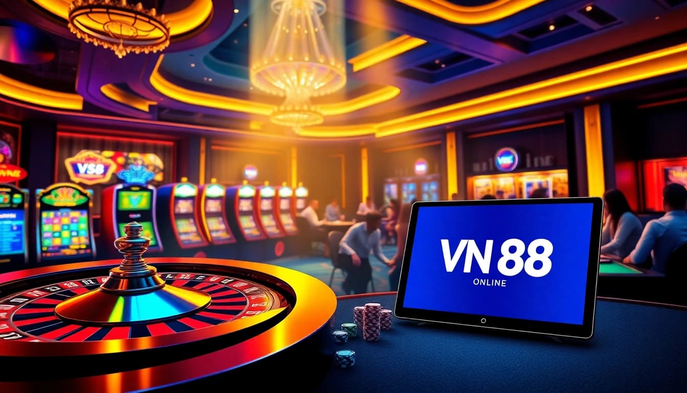 Players enjoying an immersive online gaming experience at vn 88 casino with slot machines and a roulette wheel.