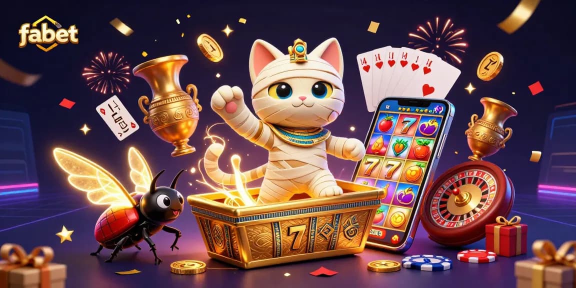 Spin and win with fabet as the Egyptian mummy cat and its scarab companion claim riches in a vibrant casino.