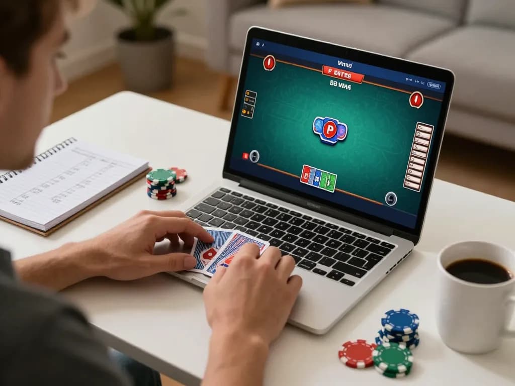 Play poker online at JJun88 with engaging gameplay on a laptop, showcasing a cozy home setup.