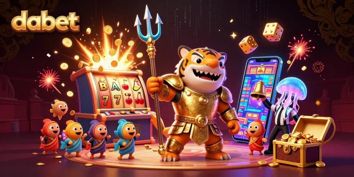 dabet showcases an exciting casino scene with a tiger shark, slot machine, and vibrant game elements.