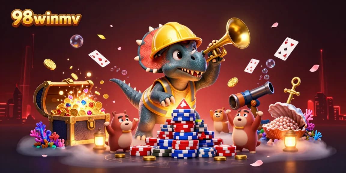 Engage with thrilling games at 98winmv featuring a vibrant 3D casino illustration of excitement and celebration.