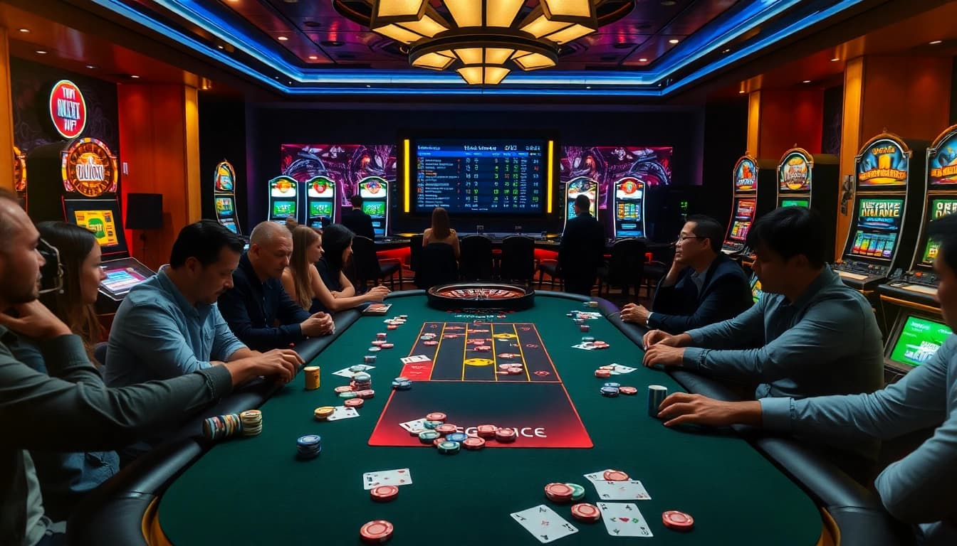 The exciting atmosphere of gambling at https://rikvip11.info/, featuring energetic players at a casino table.