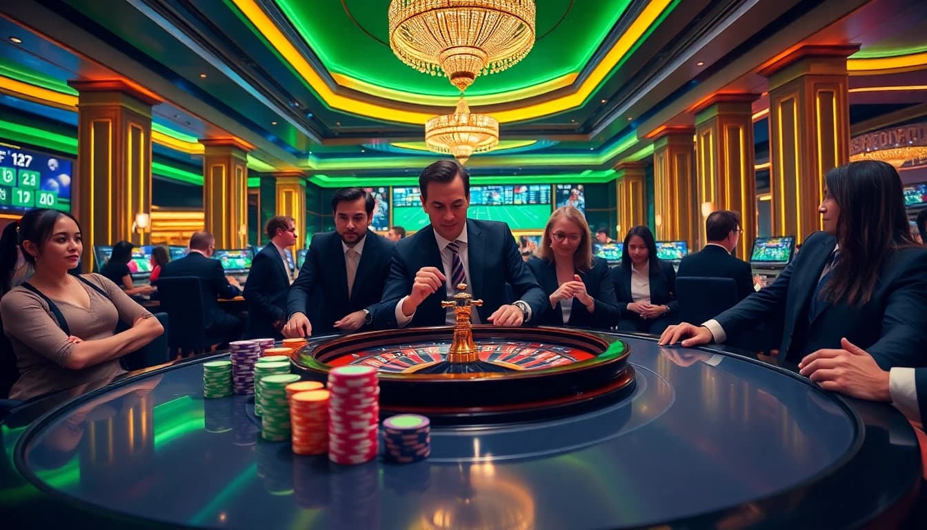 Engaging players observing kqbd updates at a vibrant casino table filled with poker chips.