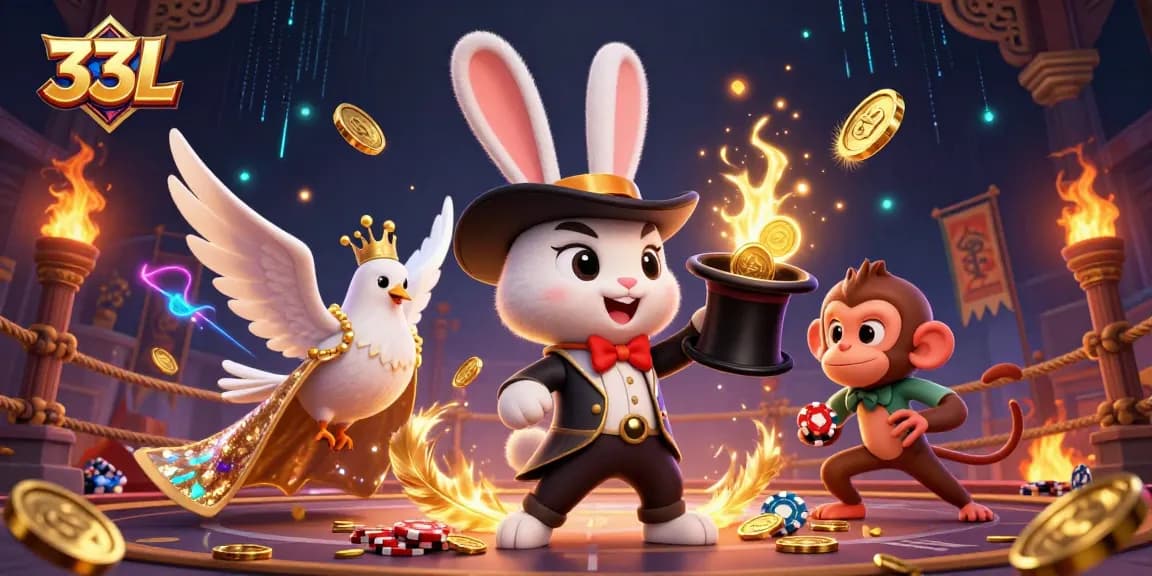 Experience gaming magic with 33L's captivating casino illustration, showcasing thrilling characters.