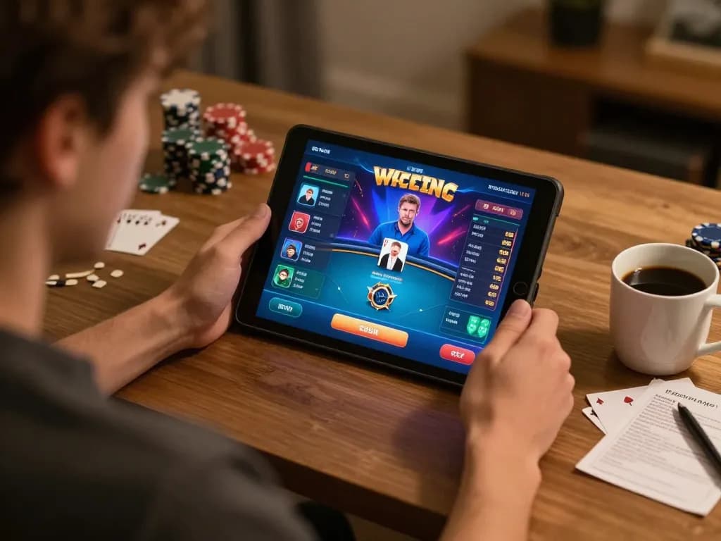 jili707 brazil engaging in online poker on a tablet with vibrant graphics in cozy home setup