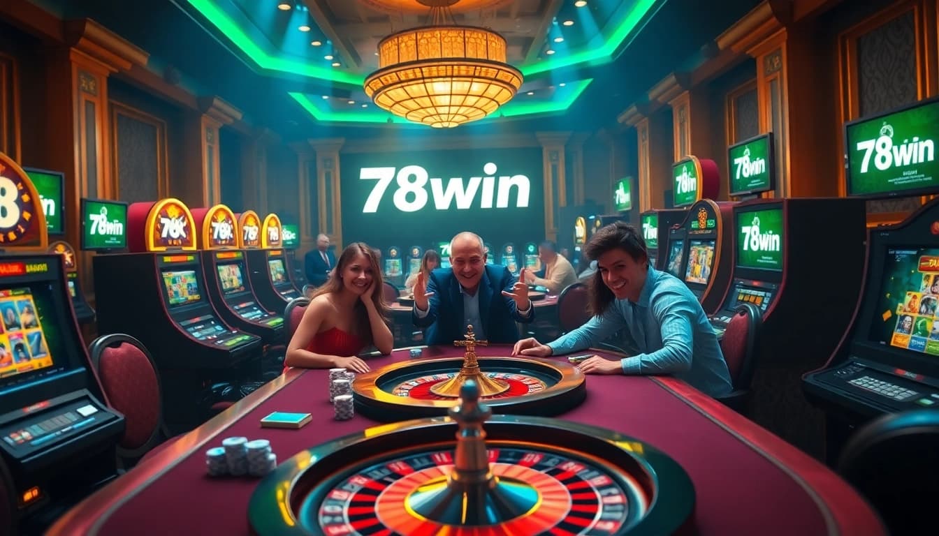 Experience the excitement of gambling at 78win’s luxurious casino tables filled with poker chips and roulette wheels.