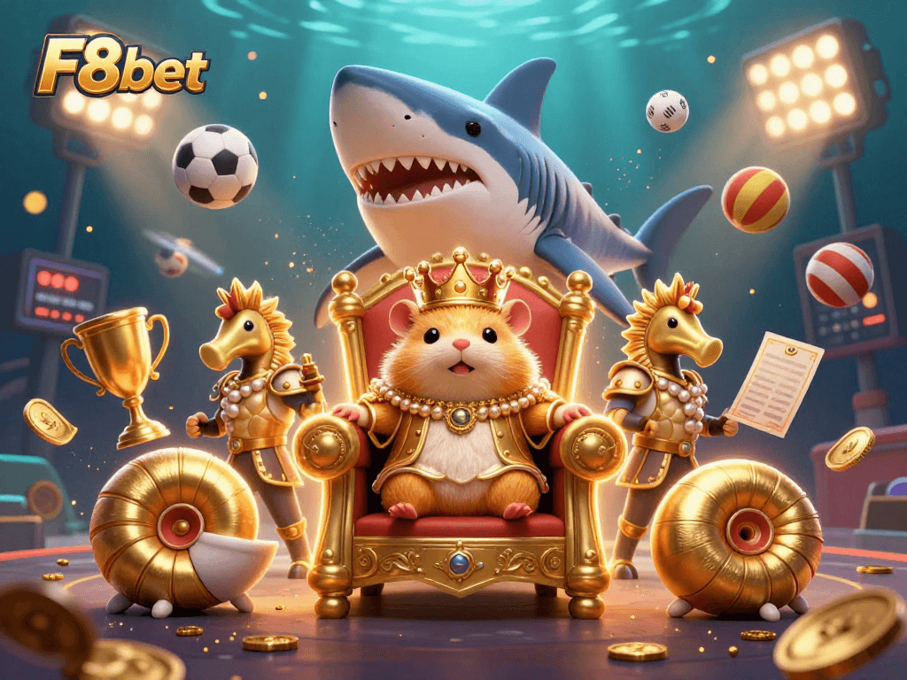 Join the excitement of F8bet with a golden hamster king overseeing thrilling sports betting action.