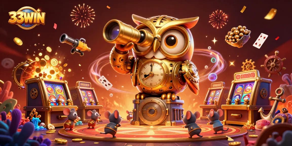 Experience the thrill at 33WIN with a golden owl overseeing a dynamic casino scene.