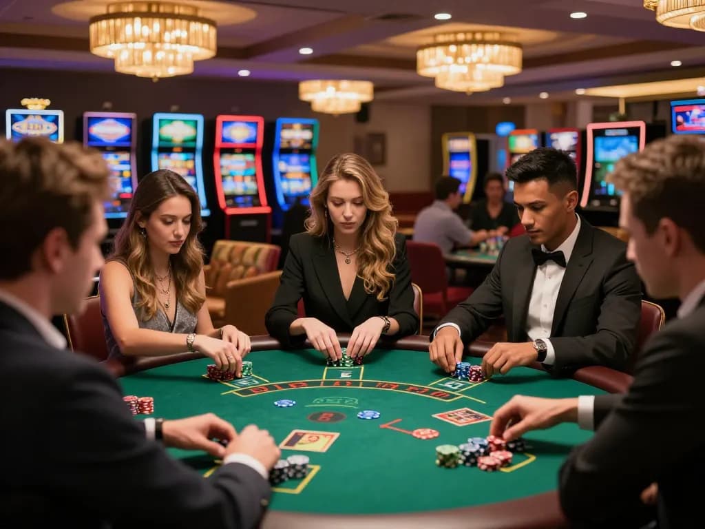 Players engaging strategically in game đổi thưởng blackjack at a luxurious casino table.