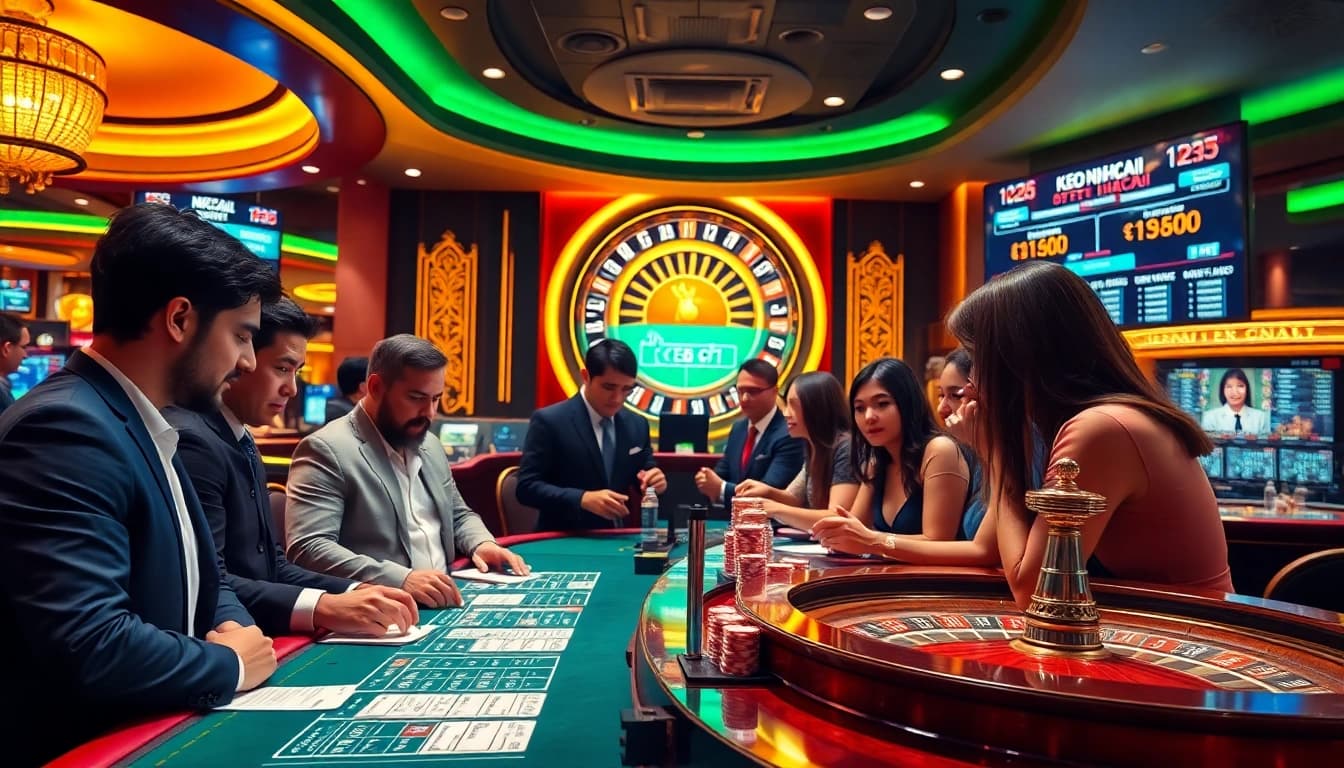 Engaging in KEO NHACAI betting at a luxurious casino with dynamic screen odds and enthusiastic players.