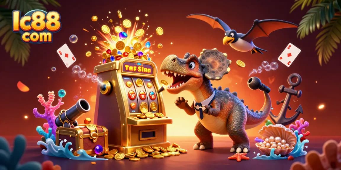 Experience exciting jackpots on lc88 com with lively cartoon dinosaurs in a vibrant casino setting.