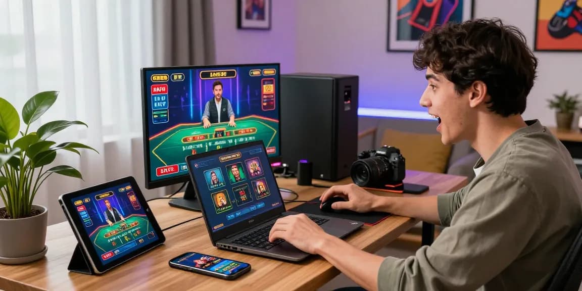 Excited player at https://qs88.us/ engaging in live casino gaming with modern tech setup.