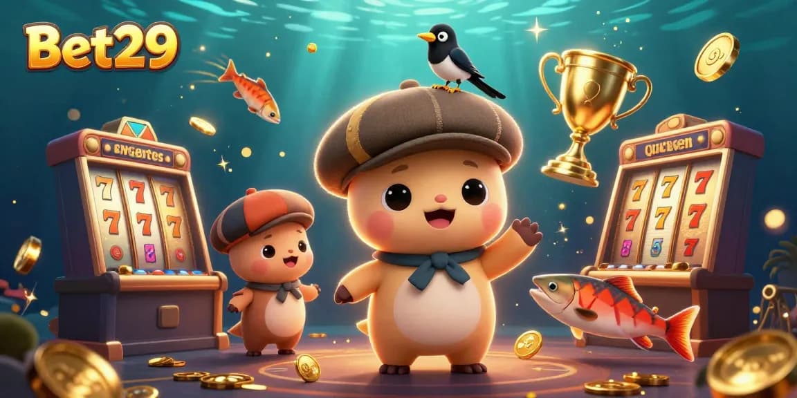 Engage with Bet29's thrilling slots experience featuring playful characters and vibrant casino elements.
