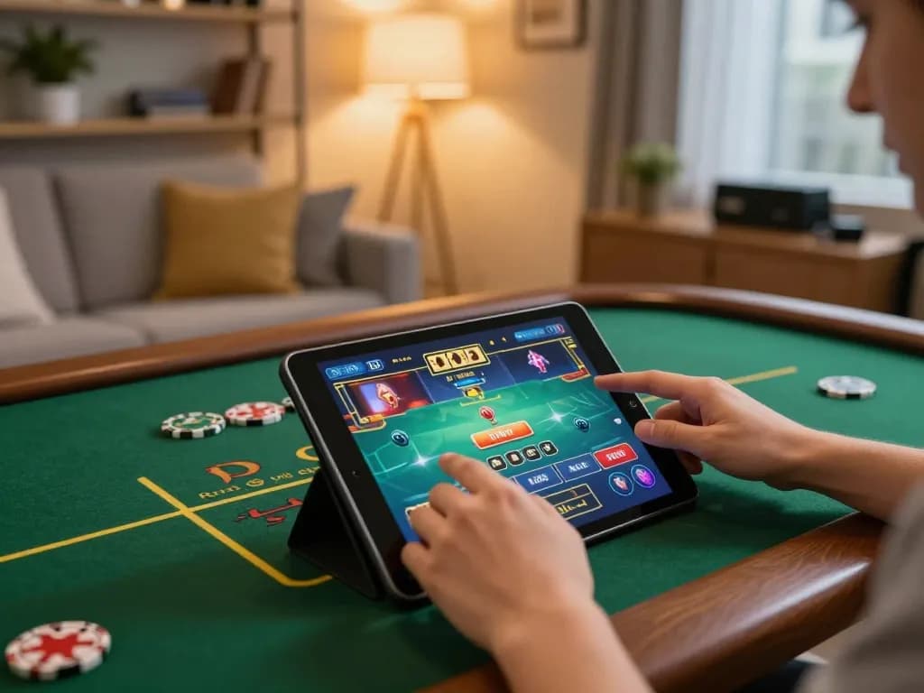 Player using MK8 casino app for online poker in a cozy home setting with warm lighting.