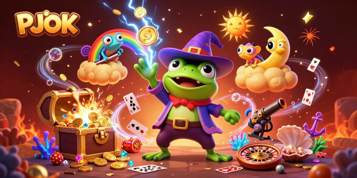 Experience the excitement of PJOK with a vibrant 3D casino scene showcasing a weather wizard frog amidst golden coins and gaming elements.