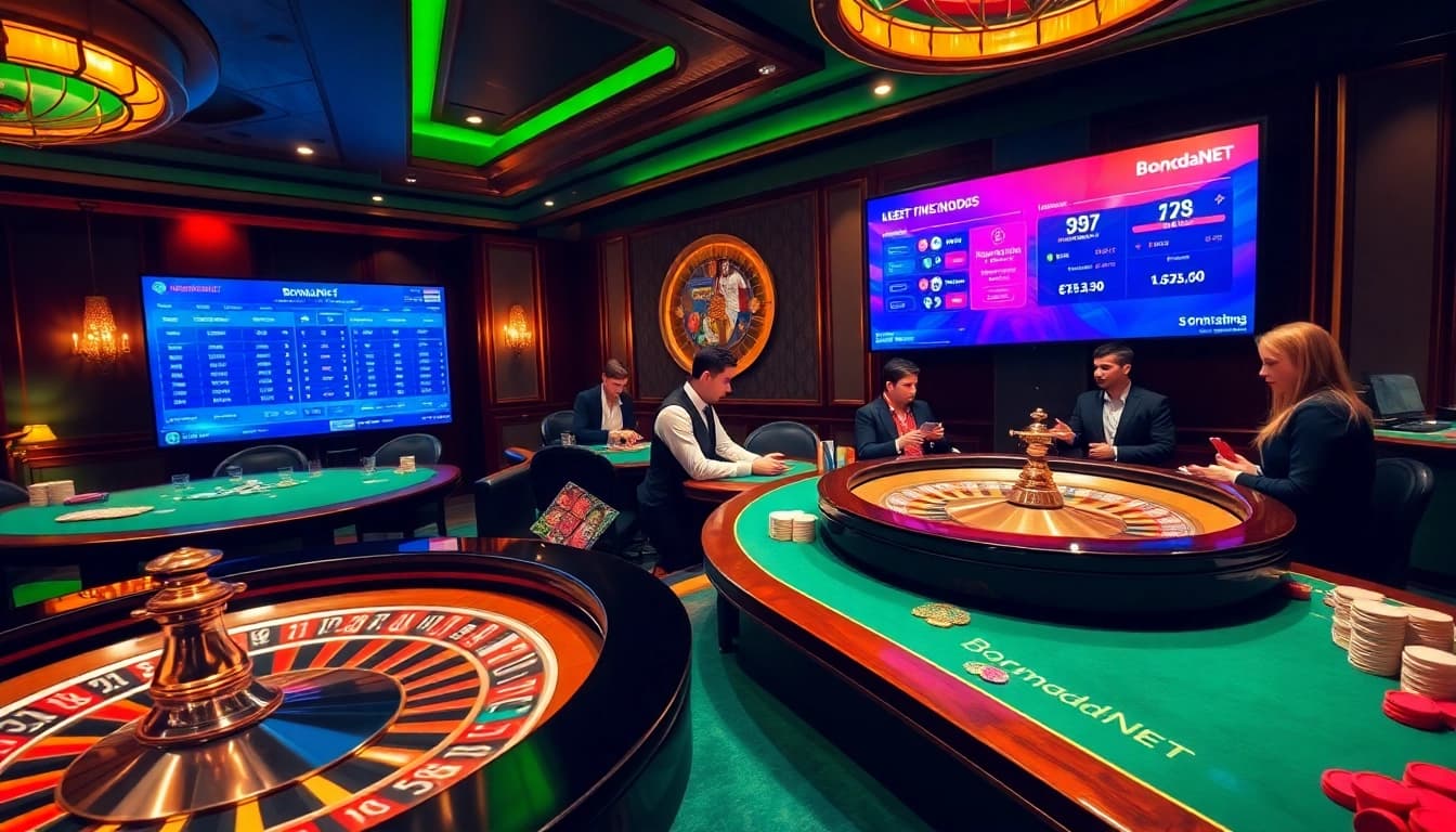 Engaging gamblers placing bets at BongdaNET's advanced betting interface in a luxurious casino setting.