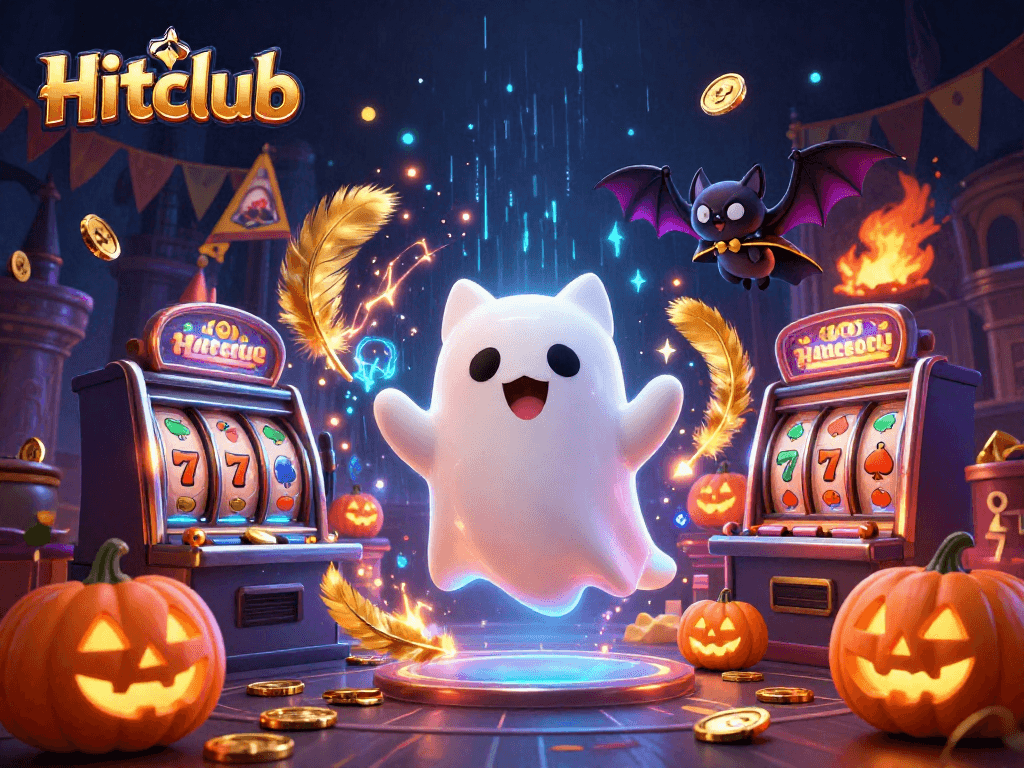 Hitclub features a ghost cat and vampire bat surrounded by vibrant casino elements.
