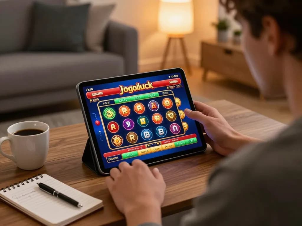 Jogoluck player engaging with online casino on a tablet, showcasing strategy and excitement in a cozy home setting.