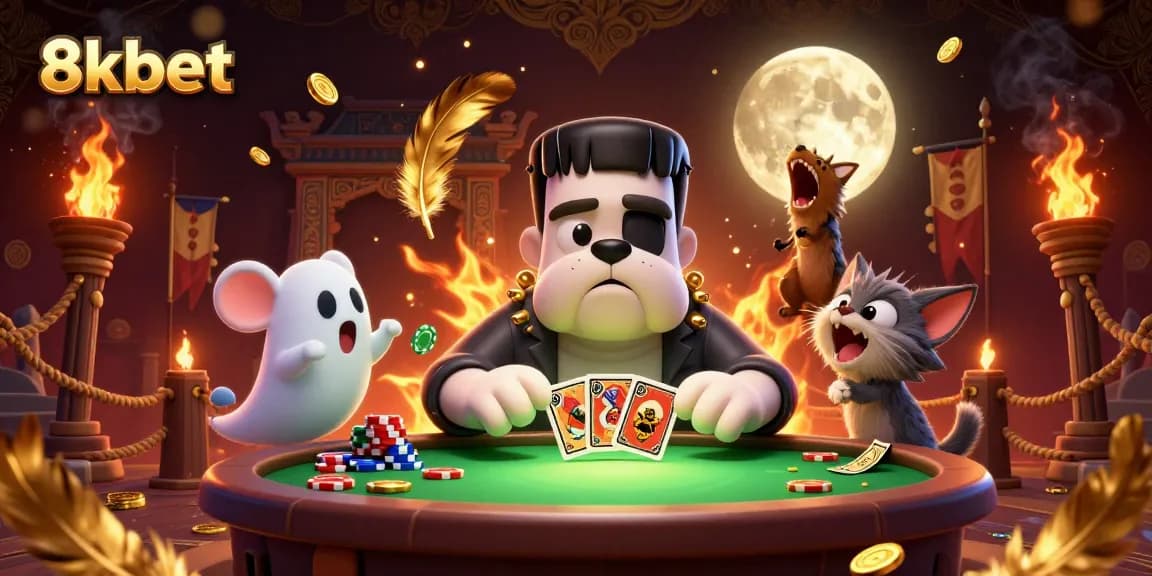 8xbet's spooky gaming scene showcases a Frankenstein bulldog dealing cards in a vibrant casino.