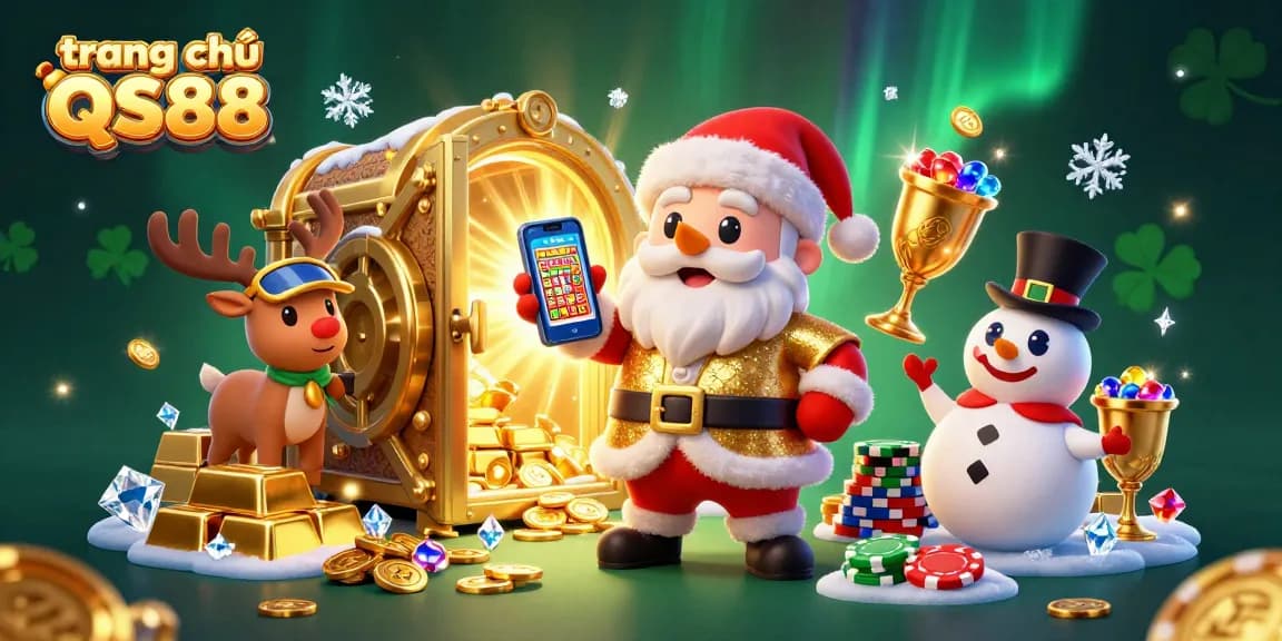 Engage with the excitement of trang chủ QS88 featuring a festive casino scene with Santa and friends.