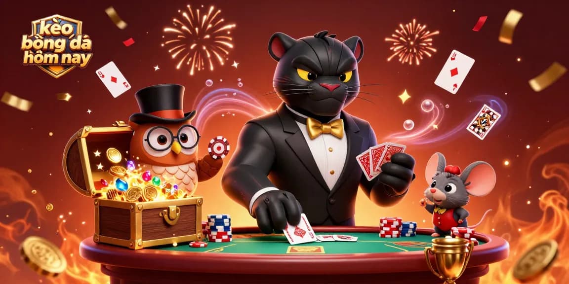 Kèo bóng đá hôm nay features stylish characters in a vibrant casino scene, capturing the excitement of sports betting.
