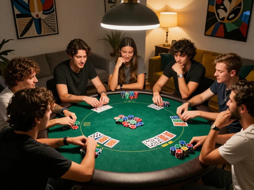 Jogadores aproveitando uma noite dinâmica de pôquer em casa, com jogos do 887bet e a emoção das apostas sociais