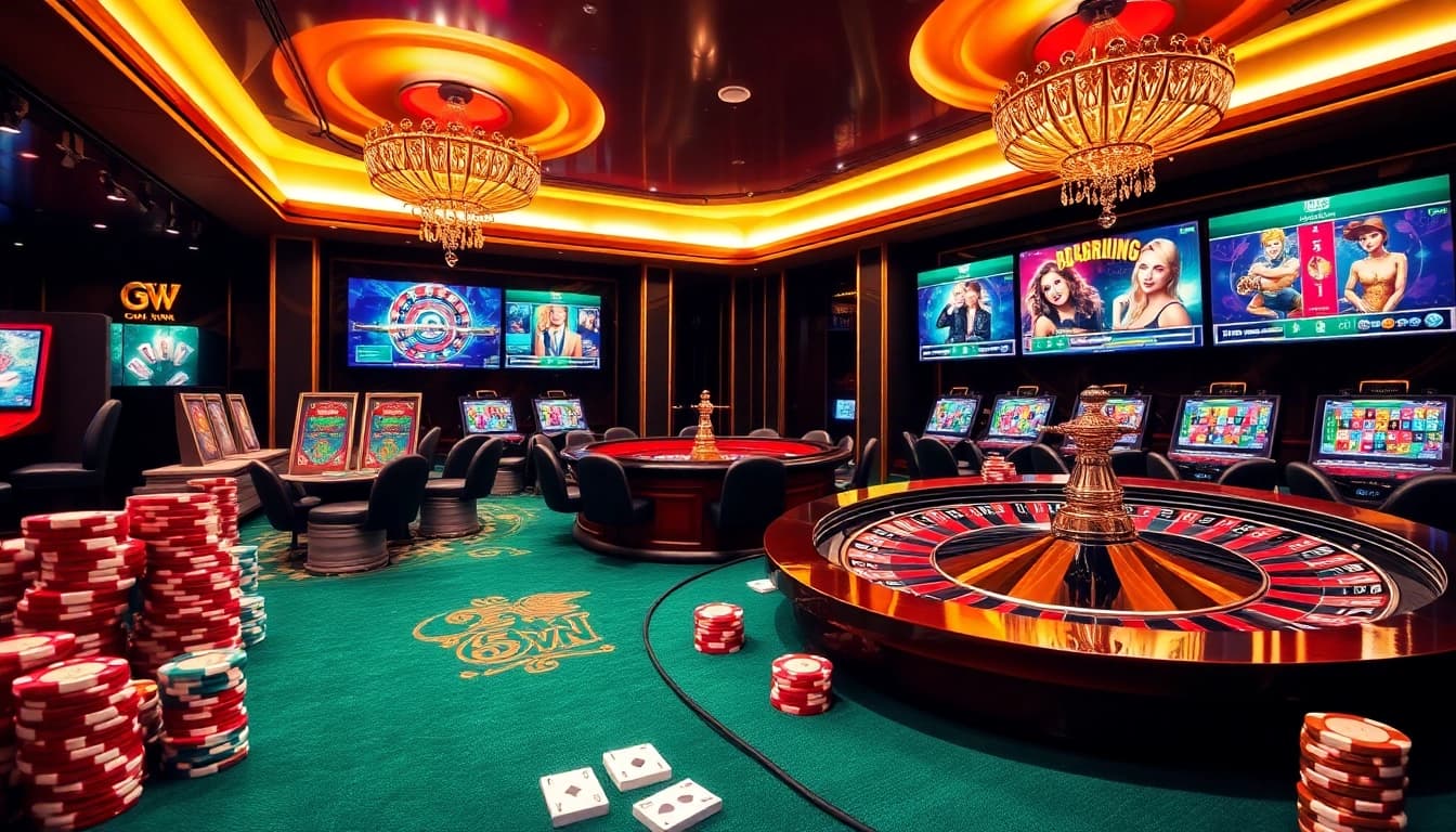 Experience thrilling gaming at 69 VN's luxurious online casino setting with vibrant colors and exciting elements.