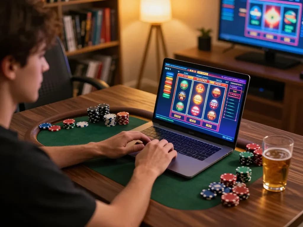 Player spins the reels on 75W online slots from the comfort of home, showcasing an engaging gaming environment.