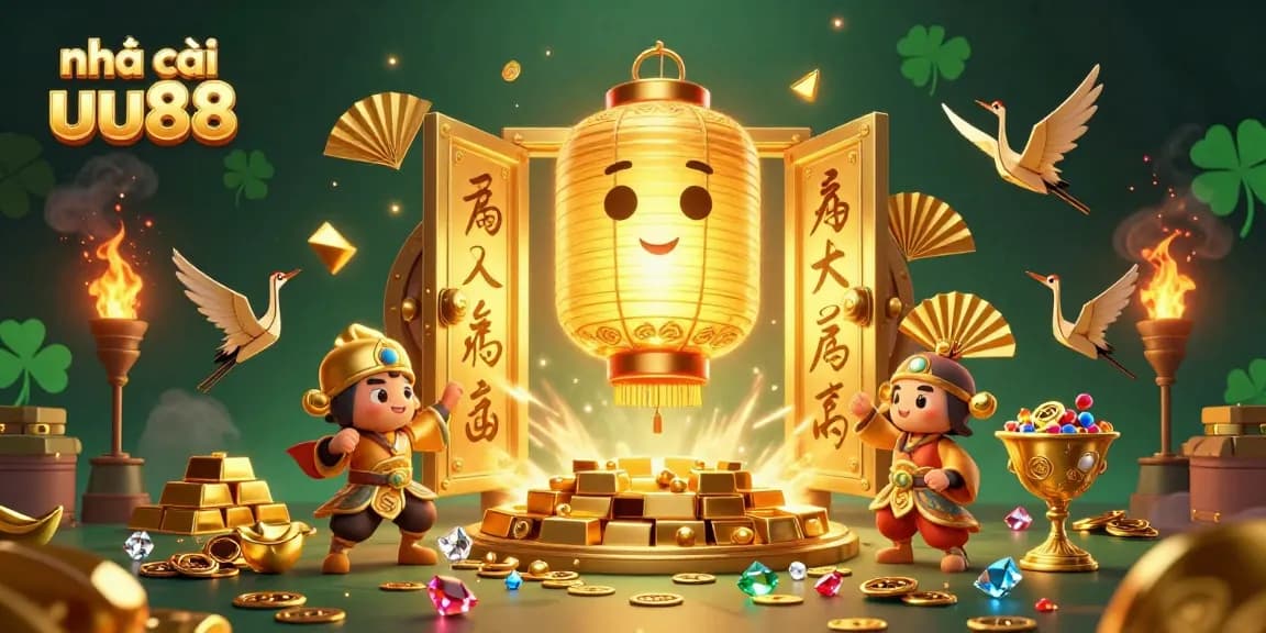 Experience excitement at nhà cái uu88 with characters celebrating gaming victories amid treasures.