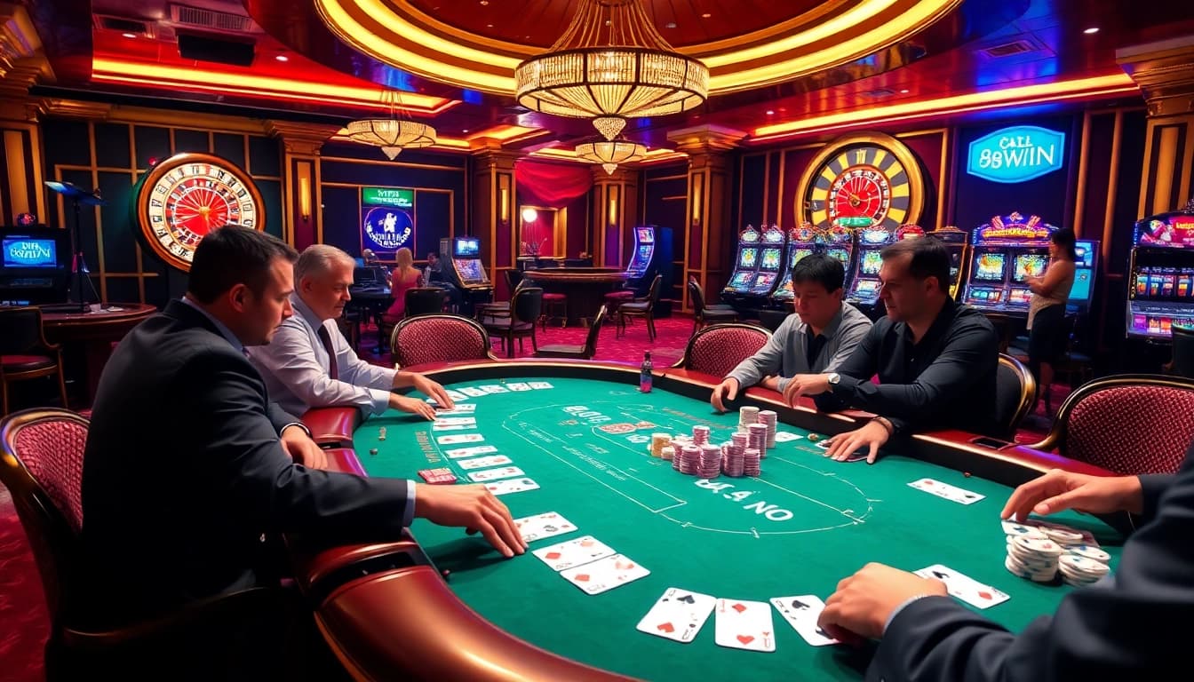 Engaging poker game scene at https://98win8v.com/ showcasing vibrant chips and players in action.