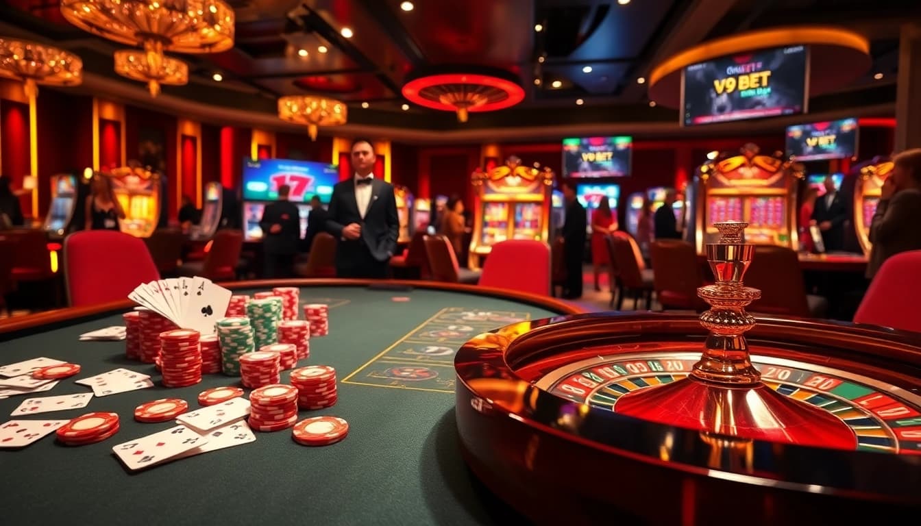 Experience the thrill of v9 bet with elegant poker tables and luxurious casino ambiance.