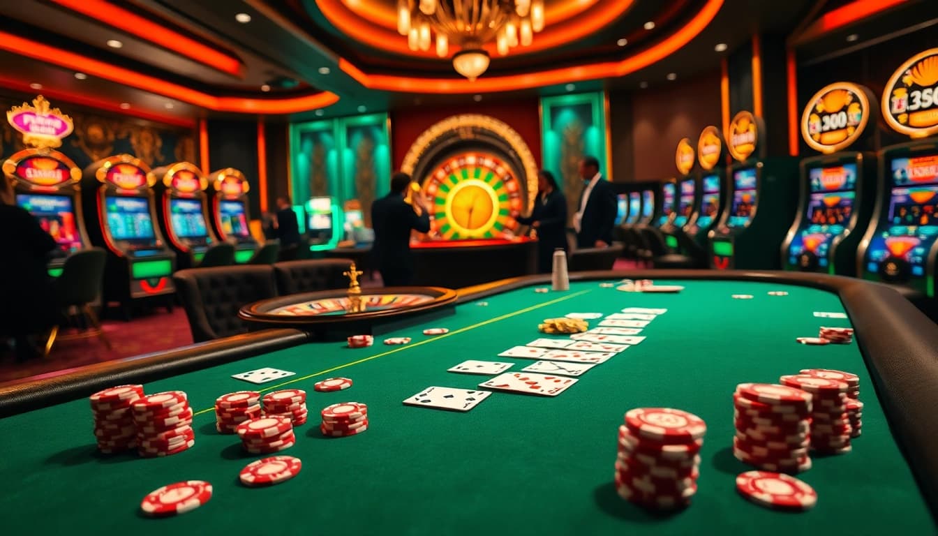 Engaging scene of mb66 poker action with vibrant chips, cards, and roulette excitement.