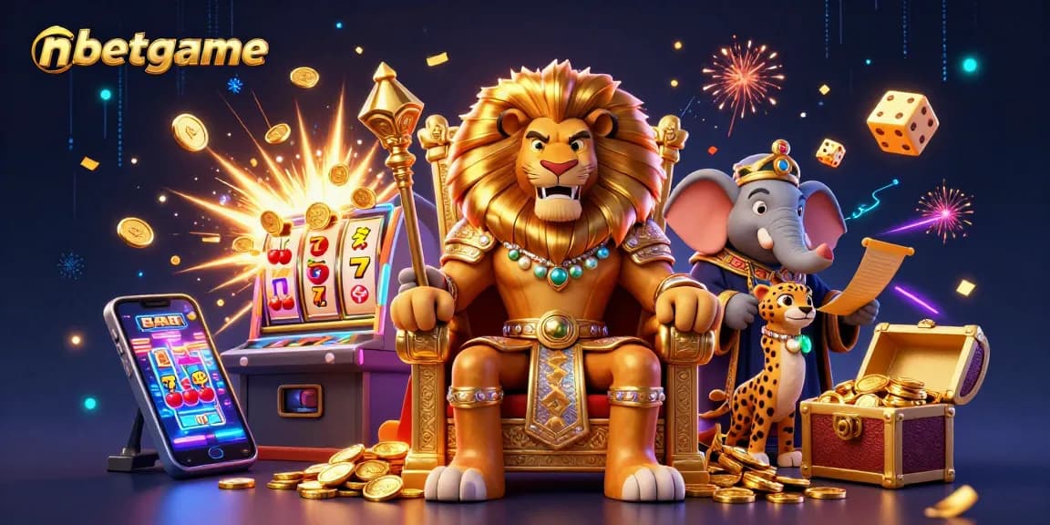 Experience the thrill of nbetgame with a dynamic casino scene featuring a lion king, riches, and games.