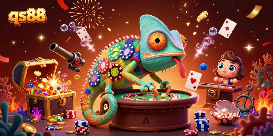 Experience thrilling gameplay at qs88 with a vibrant chameleon casino owner amidst gold coins and treasures.